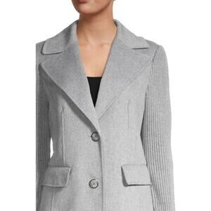 New Tahari Anna Wool Coat Gray Single Breasted Pocket Ribbed Knit Sleeve Sz M
